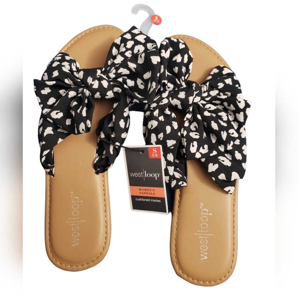 WEST|LOOP SLIP-ON BLACK & WHITE BOW SANDAL SIZE S (5-6) NWT